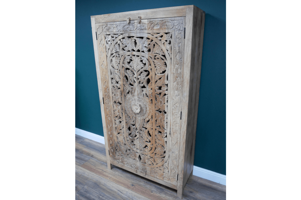 Large Mango Wood Carved Detail Cabinet - 8168 - Uneeka