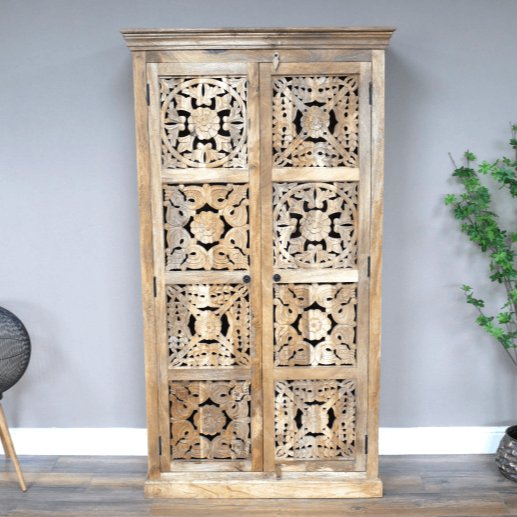 Large Mango Wood Carved Panel Cabinet - 9794 - Uneeka