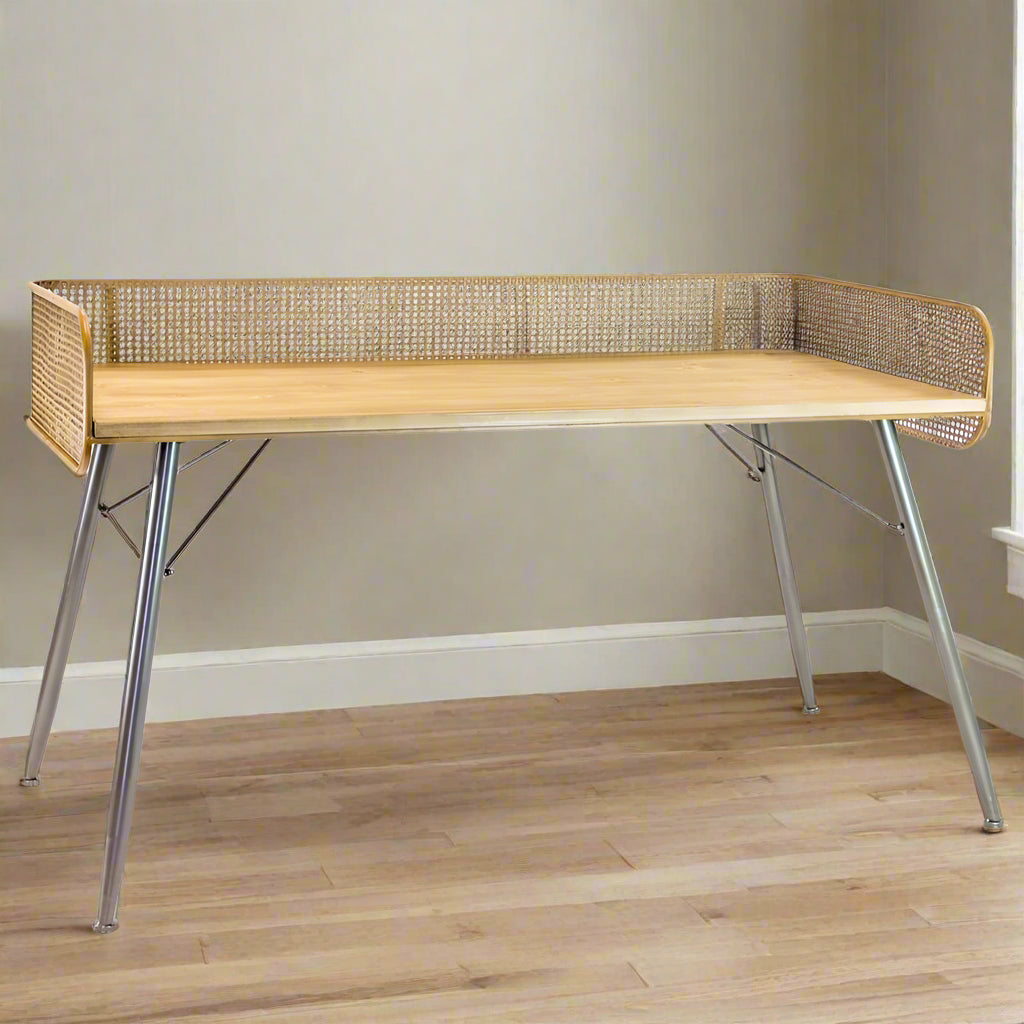 Large Metal & Rattan Retro Style Desk - DTC43 - Uneeka