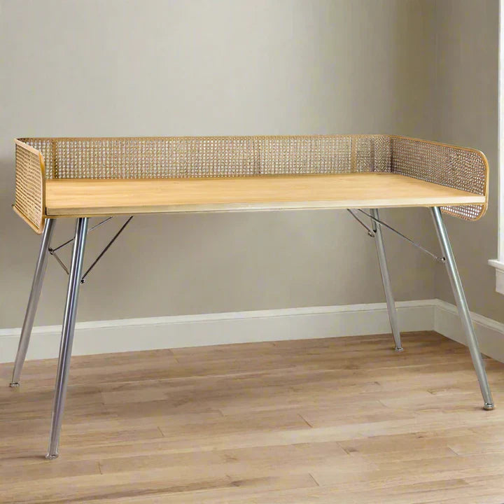 Large Metal Rattan Effect Retro Style Desk - DTC43 - Uneeka