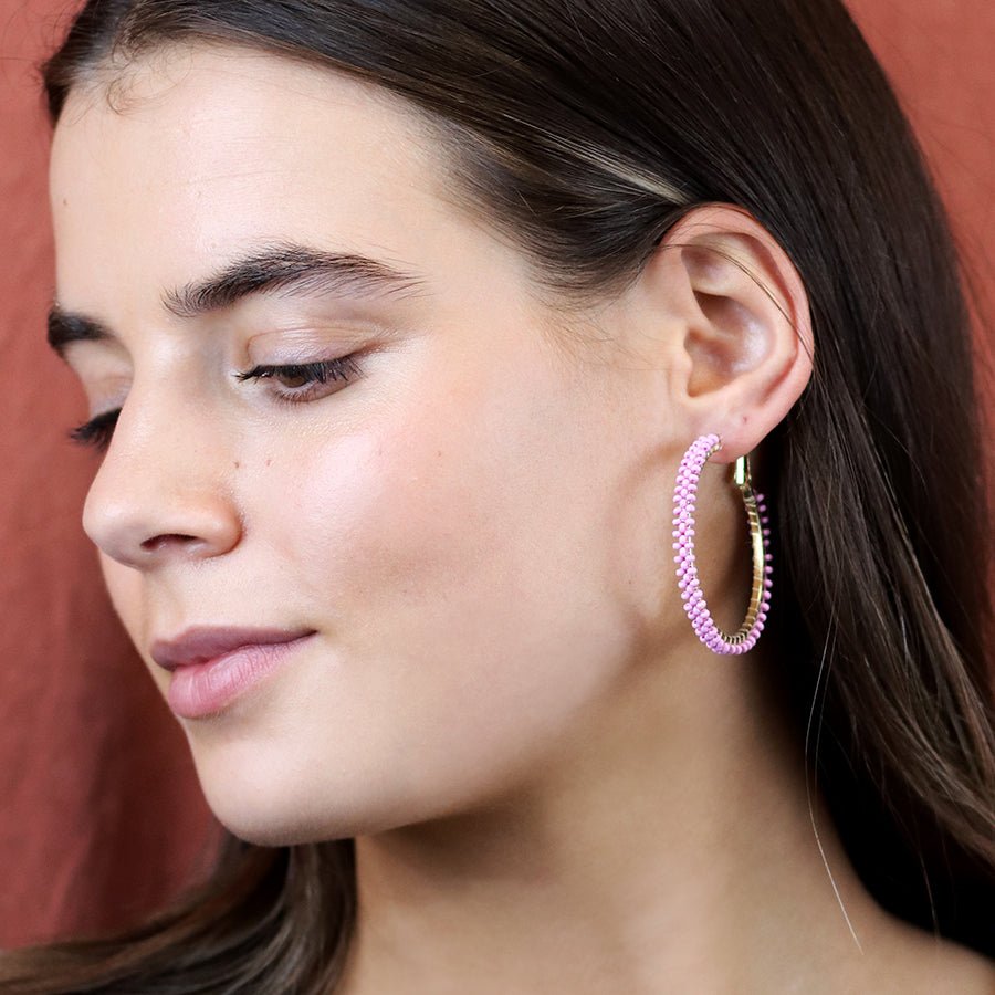 Large Pink Beaded Gold Hoops - 04116 - Uneeka