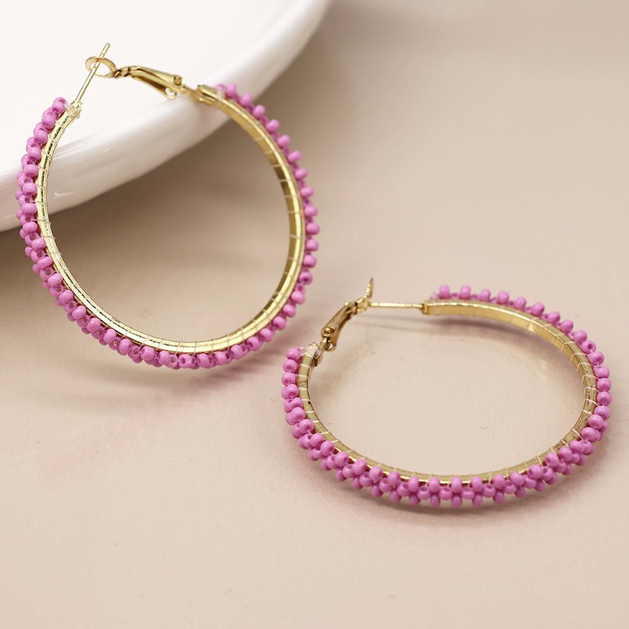 Large Pink Beaded Gold Hoops - 04116 - Uneeka