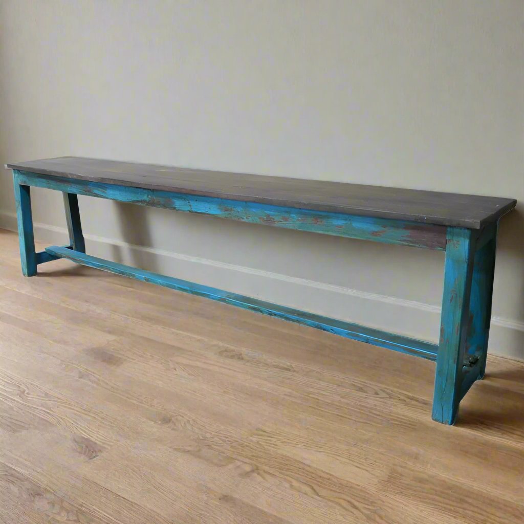 Large Reclaimed Wooden Painted Blue Shoe Bench - 8686 - Uneeka