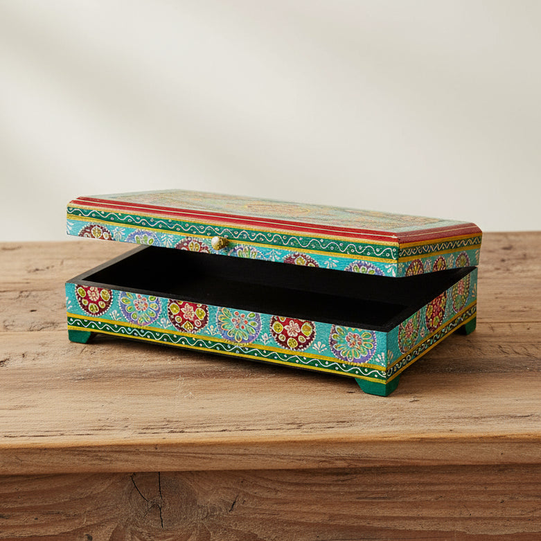 Large Turquoise Hand Painted Wooden Box - BXL251TQ - Uneeka