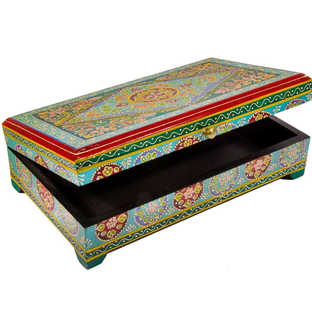 Large Turquoise Hand Painted Wooden Box - BXL251TQ - Uneeka