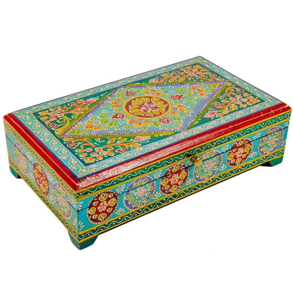 Large Turquoise Hand Painted Wooden Box - BXL251TQ - Uneeka