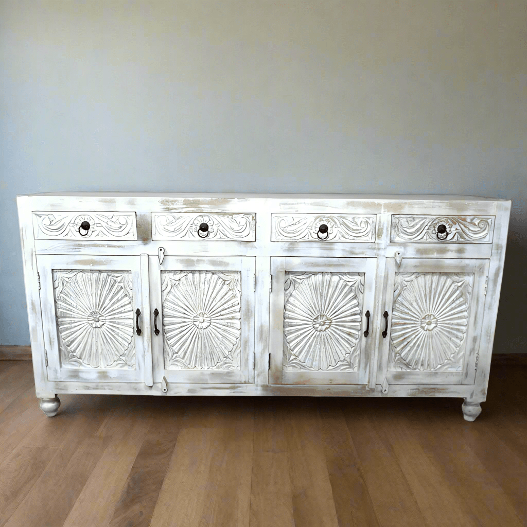 Large White Wash Ornate Mango Wood Sideboard* - 10196 - Uneeka