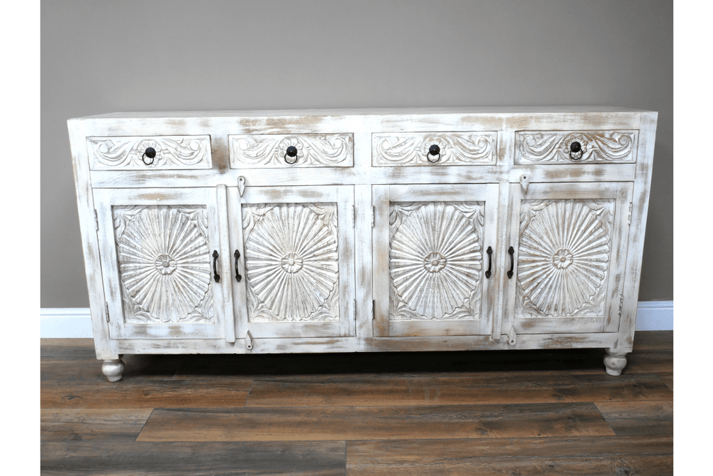 Large White Wash Ornate Mango Wood Sideboard - 10196 - Uneeka