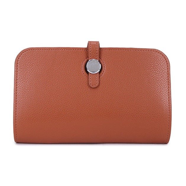 Leather Purse with Round Silver Fastening - 12300Purse - BROWN - Uneeka