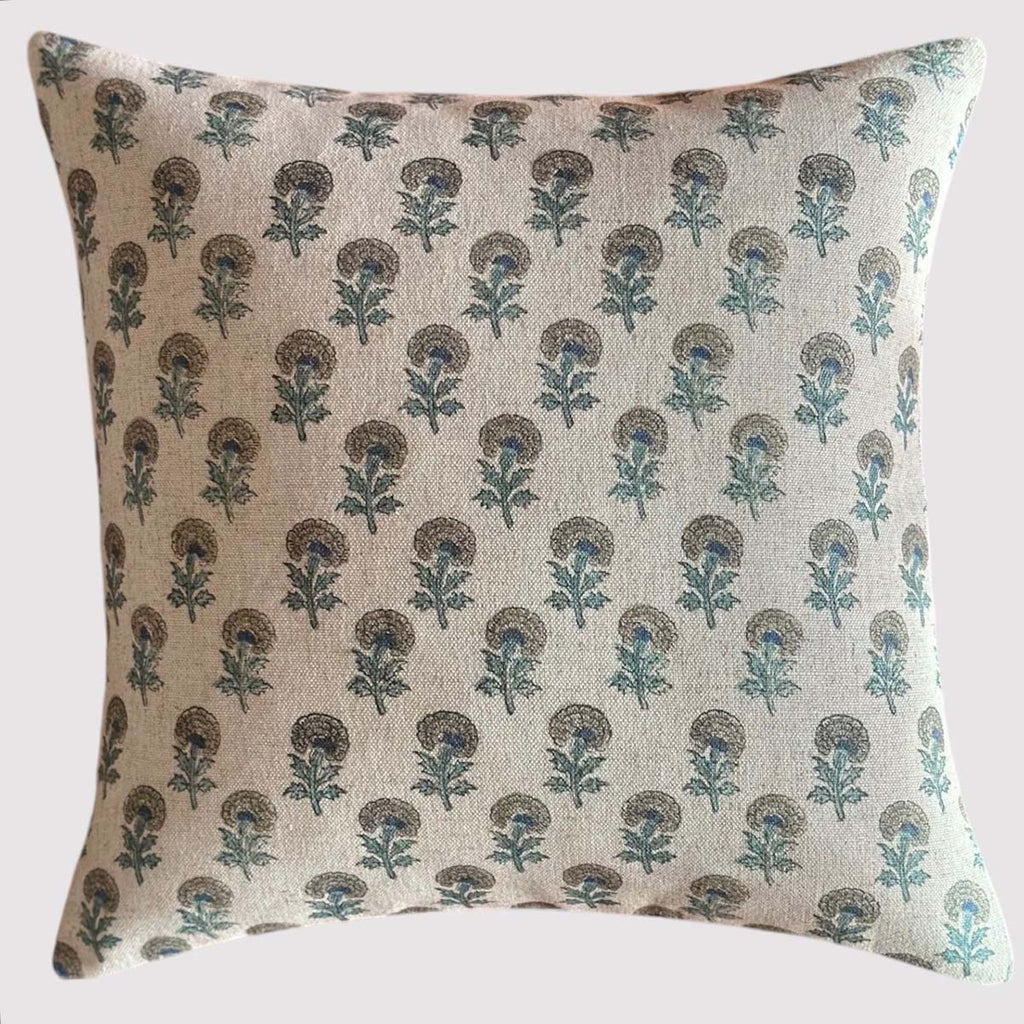 Linen & Green Floral Block Print Cushion - CU0824/36 - Uneeka