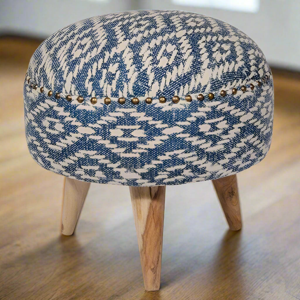 Geometric Pattern Footstool Mandir Indian Geometric Footstool | Cotton & Mango Wood | Uneeka