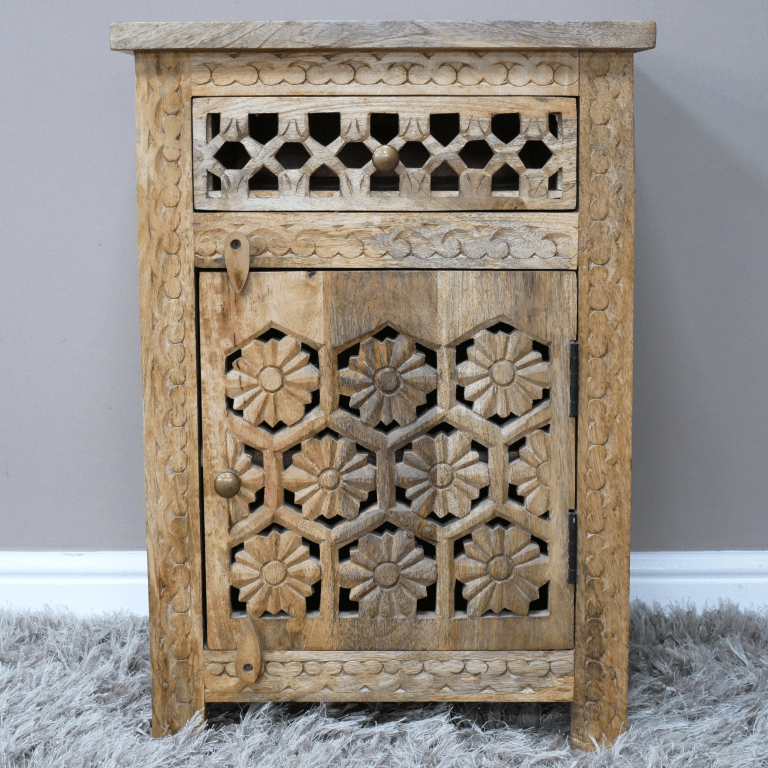 Mango Wood Cut - Out Floral Bedside Cabinet - 12002 - Uneeka