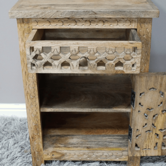 Mango Wood Cut - Out Floral Bedside Cabinet - 12002 - Uneeka