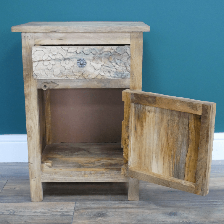Mango Wood Engraved Bedside Cabinet - 8214 - Uneeka