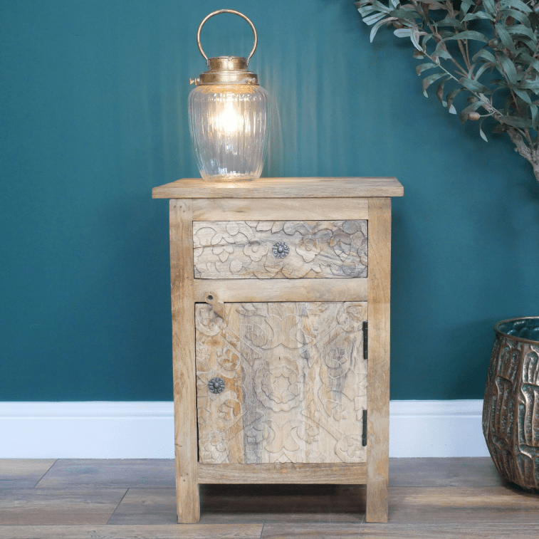 Mango Wood Engraved Bedside Cabinet - 8214 - Uneeka