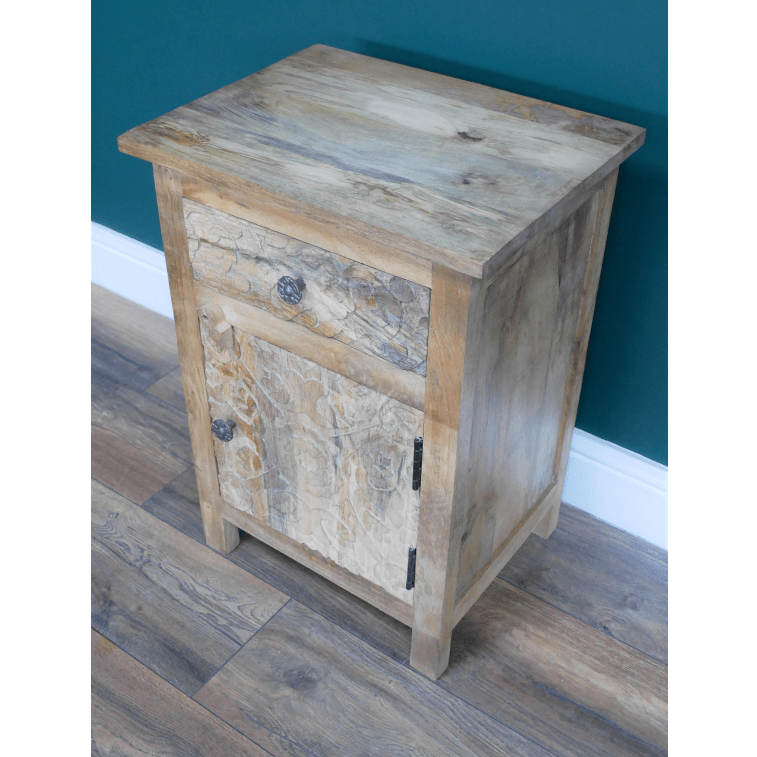 Mango Wood Engraved Bedside Cabinet - 8214 - Uneeka