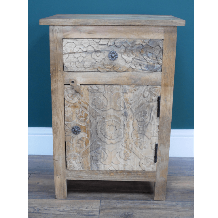 Mango Wood Engraved Bedside Cabinet - 8214 - Uneeka