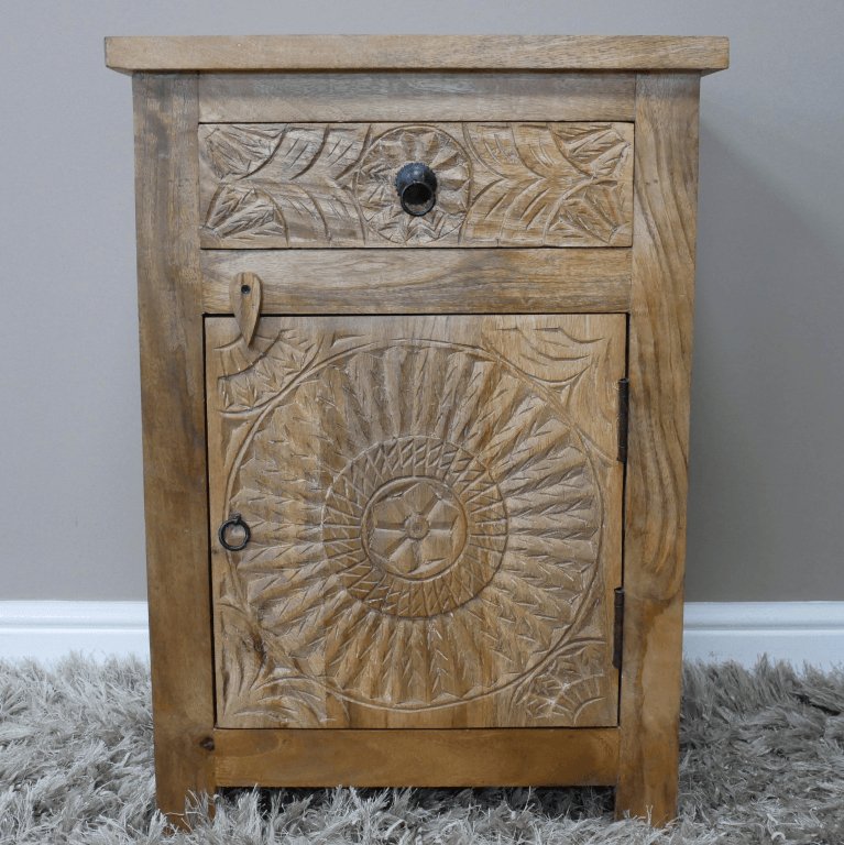 Mango Wood Engraved Mandala Bedside Cabinet - 9737 - Uneeka