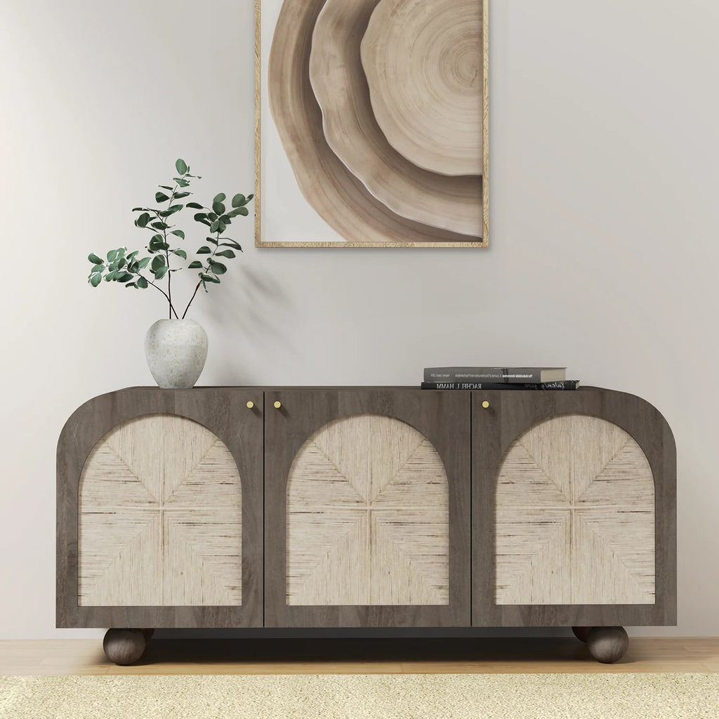 Mango Wood & Jute Panel Three Door Sideboard Cabinet - TRCB00004A - Uneeka