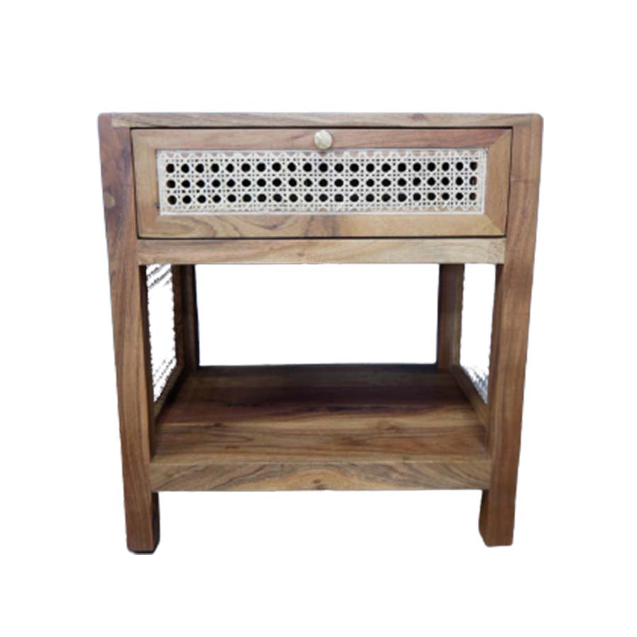 Mango Wood & Rattan Bedside with Shelf* - 7564 - Uneeka