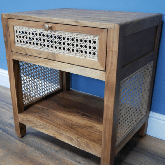 Mango Wood & Rattan Bedside with Shelf* - 7564 - Uneeka