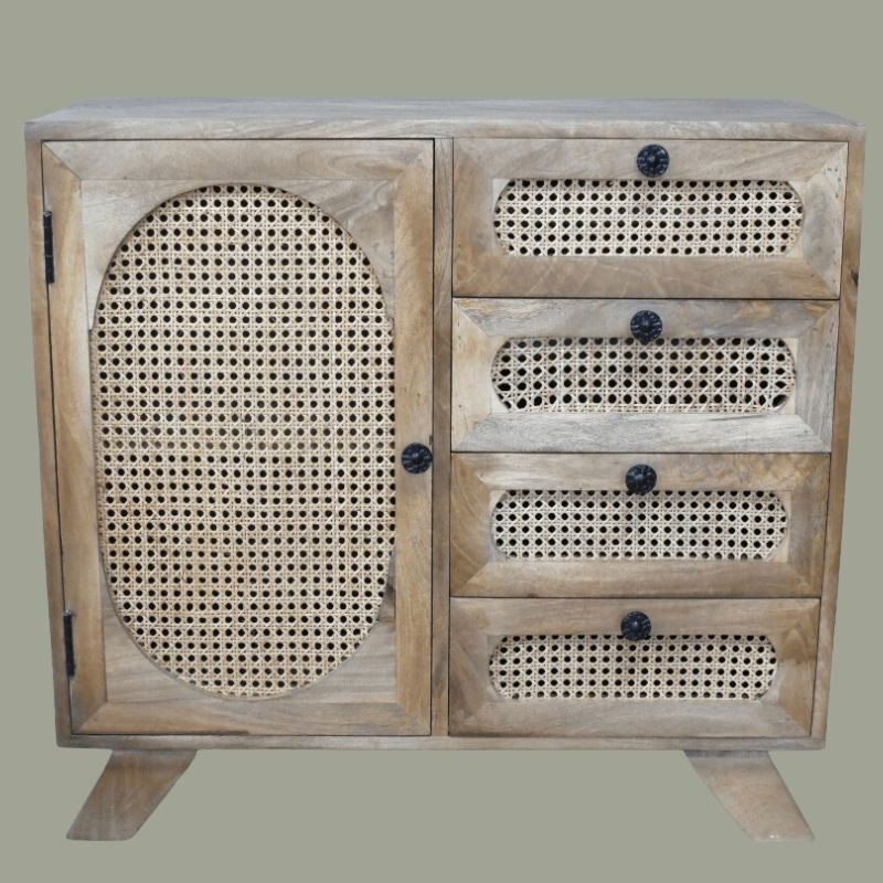 Mango Wood & Rattan Multi Drawer Cabinet - 10191 - Uneeka