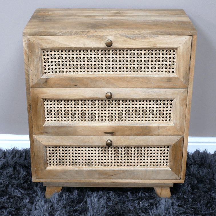 Mango Wood & Rattan Three Drawer Bedside Cabinet - 9763 - Uneeka