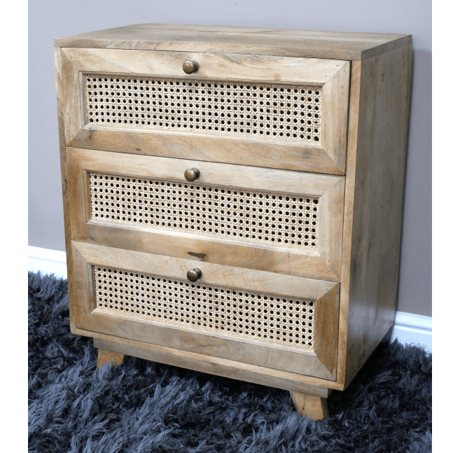 Mango Wood & Rattan Three Drawer Bedside Cabinet - 9763 - Uneeka