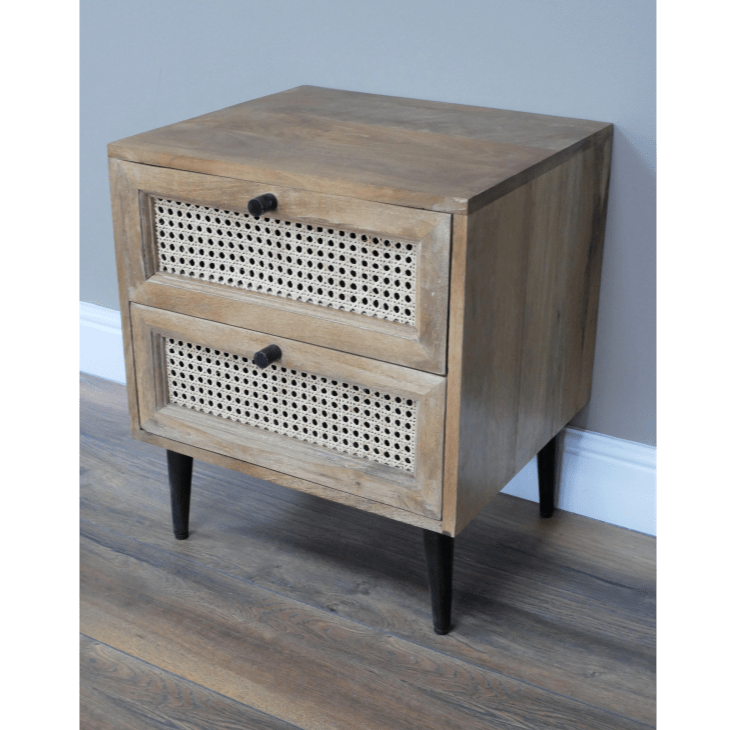 Mango Wood & Rattan Two Drawer Bedside Cabinet - 8943 - Uneeka