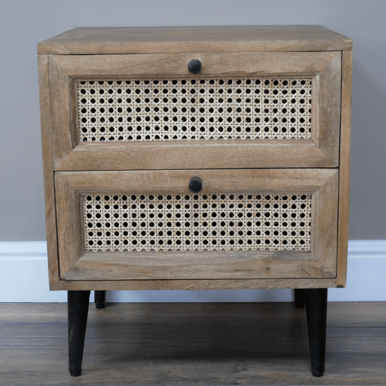 Mango Wood & Rattan Two Drawer Bedside Cabinet - 8943 - Uneeka