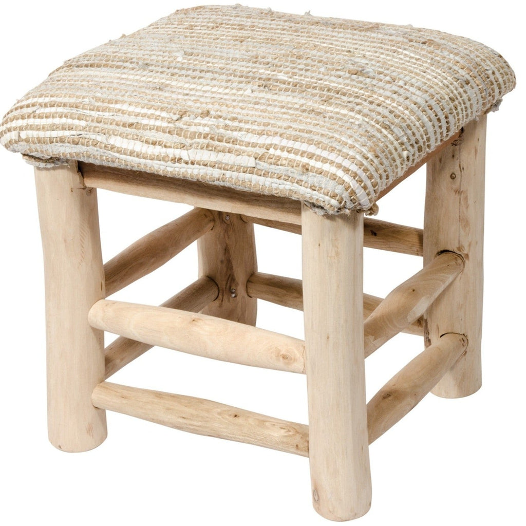 Mango Wood Stool With Hemp & Leather Seat - STOOL30NT - Uneeka