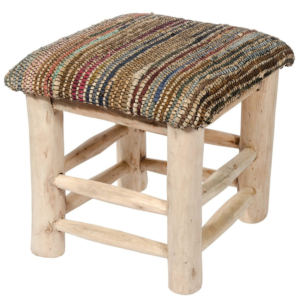 Mango Wood Stool With Hemp & Leather Seat - STOOL30BK - Uneeka