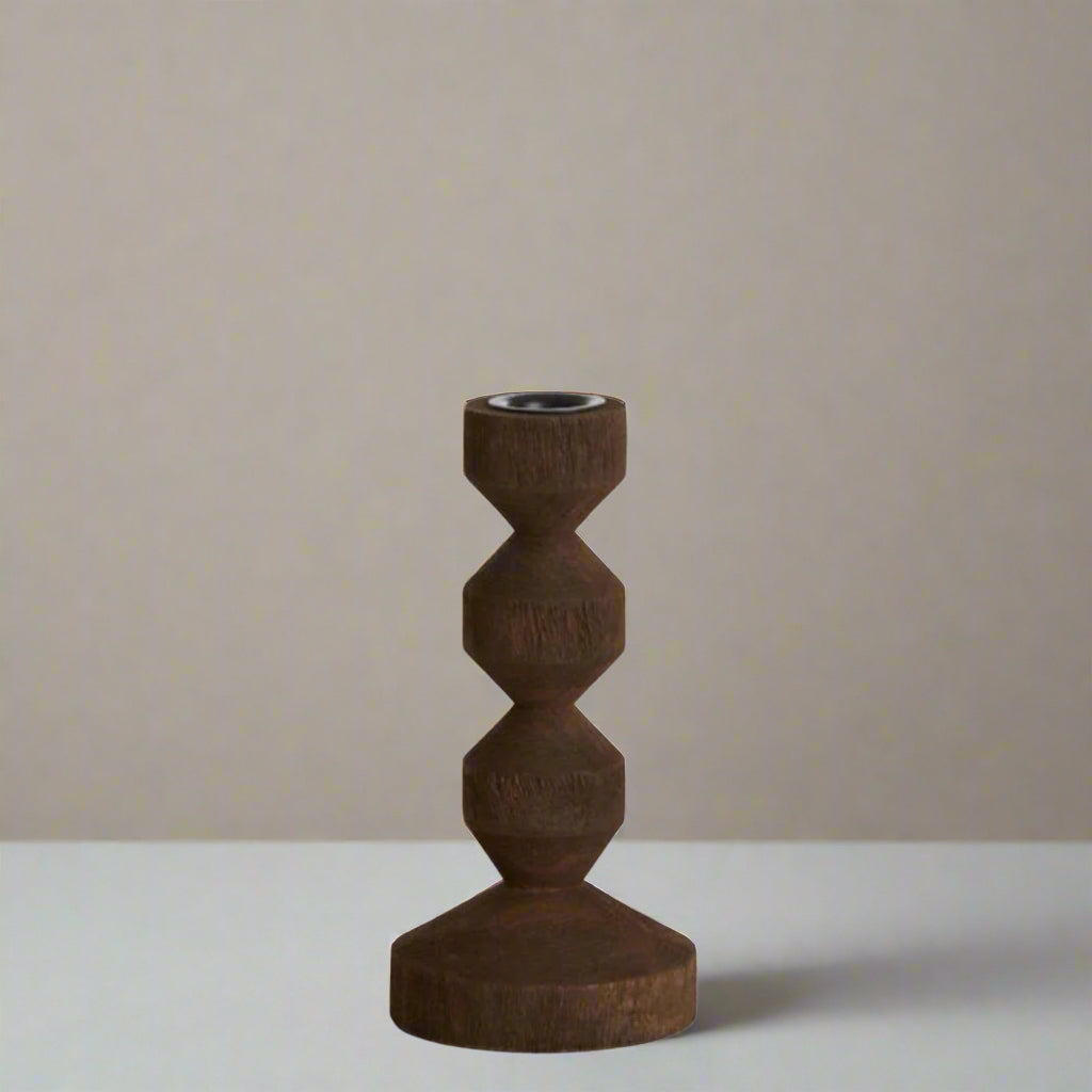 Matt Dark Brown Wooden Dimpled Candle Holder - 6072664 - Uneeka