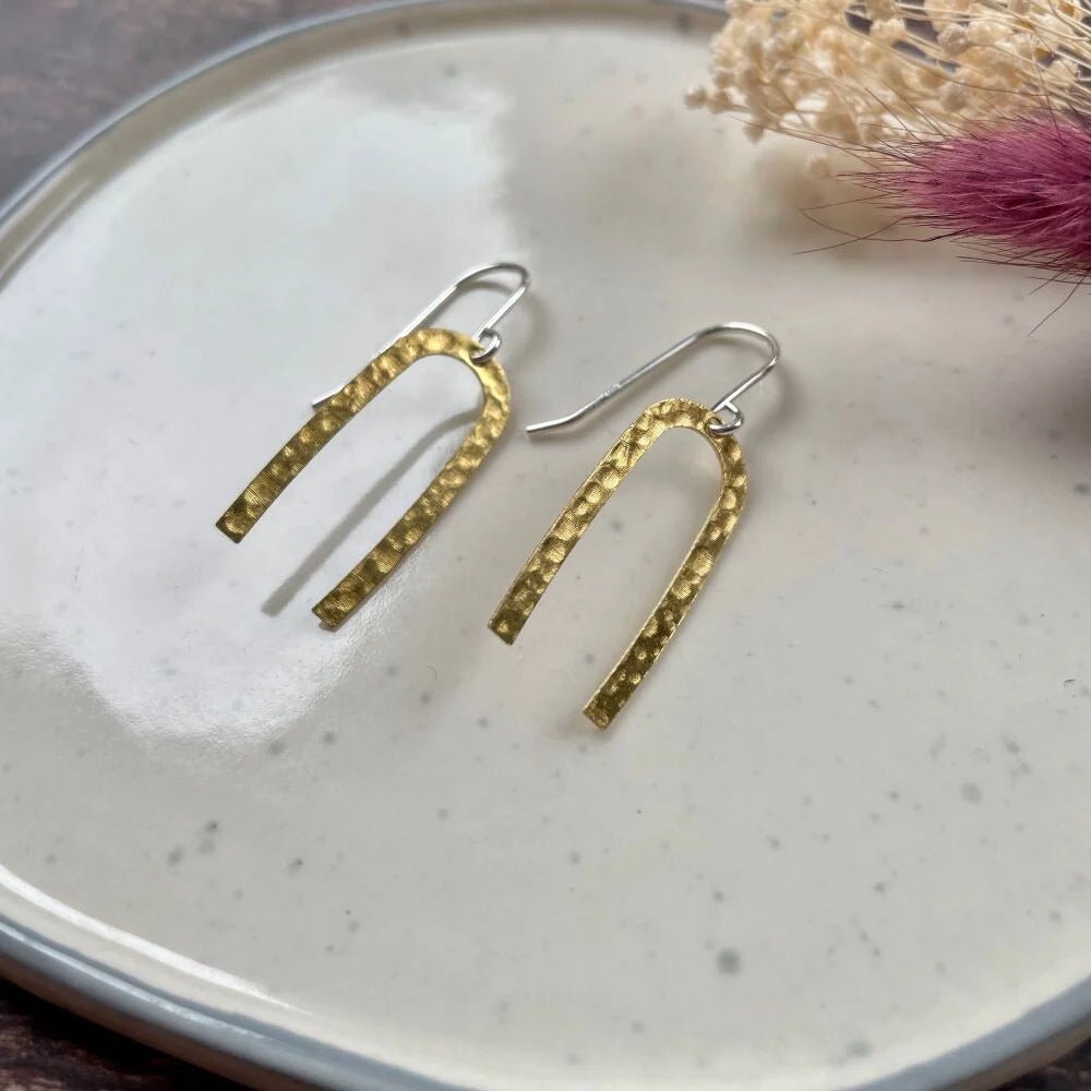 Medium Brass Assorted Shape Hoop Earrings - Emily's Pick - long arch hook - Uneeka