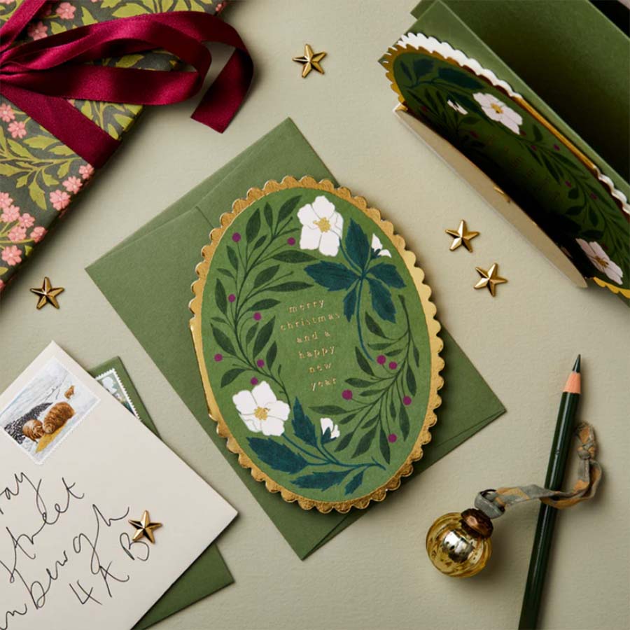 Merry Christmas Green Flora Christmas Card - WAN 6002 - Uneeka