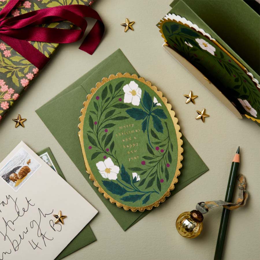 Merry Christmas Green Flora Christmas Card - WAN 6002 - Uneeka