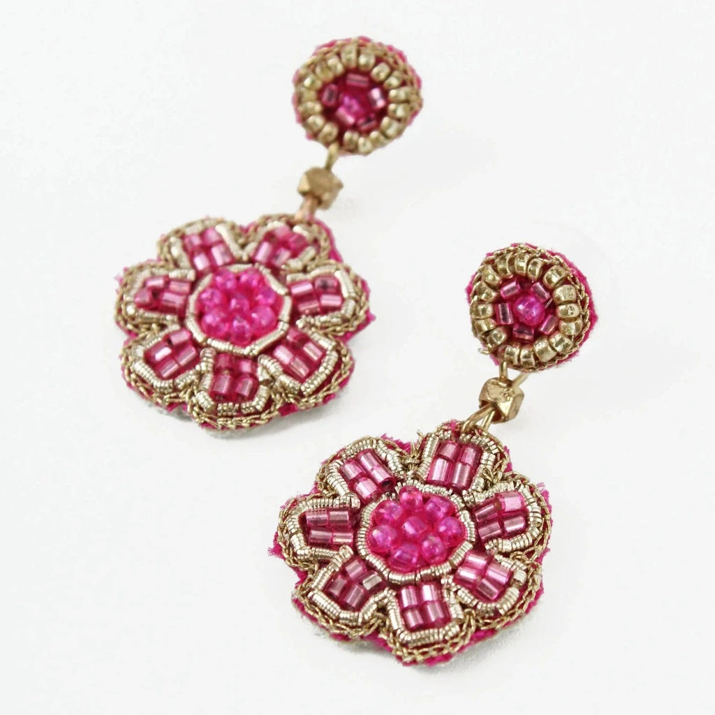 Mini Beaded Flower Drop Earrings - PINK SMALL FLOWER EARRING - 1 - Uneeka