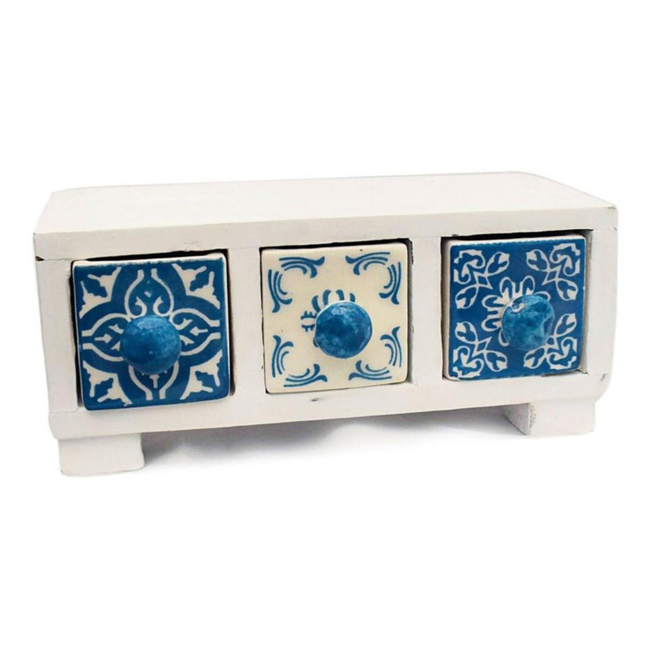 Mini Blue & White Wooden Chest with 3 Ceramic Drawers - H022 - Uneeka