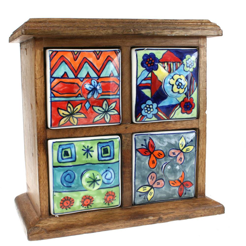 Mini Wooden Chest with Four Ceramic Drawers - H007 - Uneeka