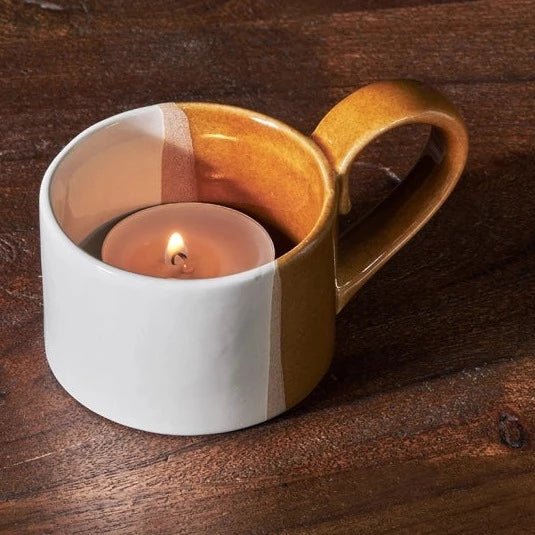 Mittee Off White & Terracotta Ceramic Teacup Tealight Holder - MH1001 - Uneeka