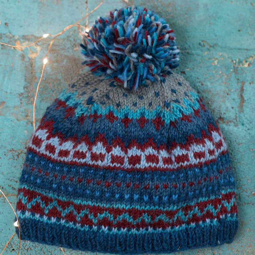 Mixed Colour Pom Pom Pullover Wool Hat - H392 - blue - Uneeka