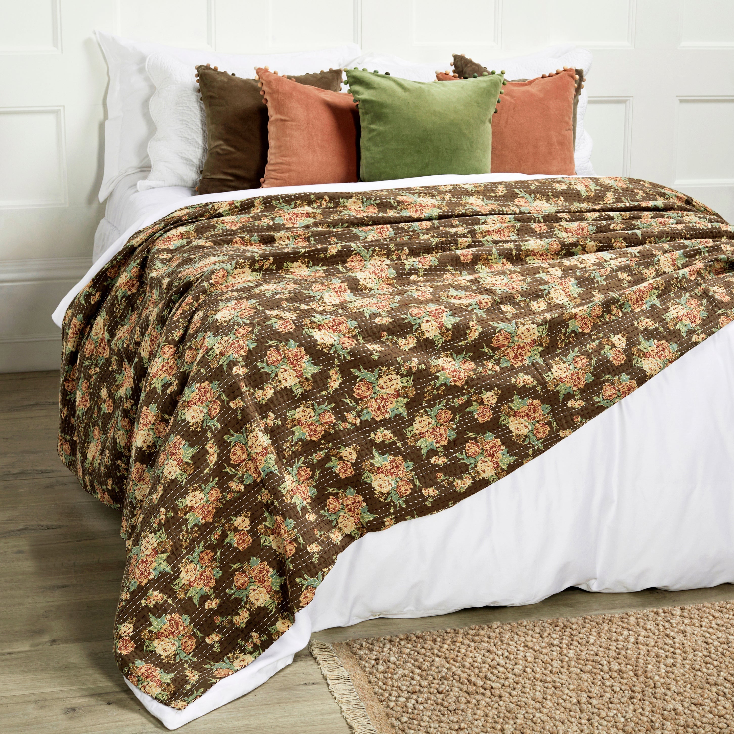 Mocha Floral Kantha Large Throw - KTM - Uneeka