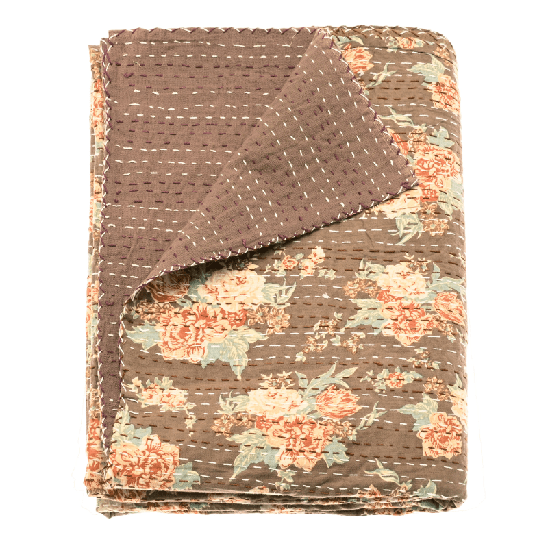 Mocha Floral Kantha Large Throw - KTM - Uneeka