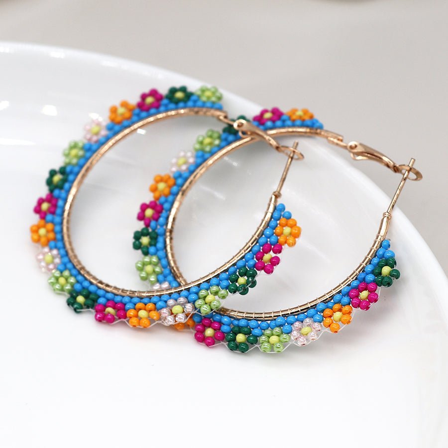 Multi Colour Beaded Flower Gold Hoops - 04260 - Uneeka