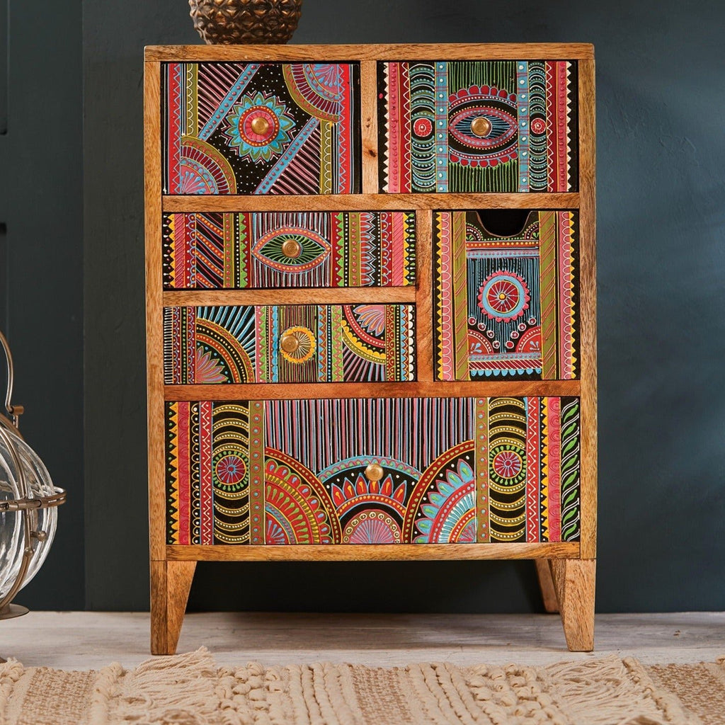 Multi Colour & Black Hand Painted 6 Drawer Cabinet - F650 - Uneeka