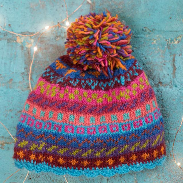 Multi Colour Crochet Trim Patterned Bobble Hat - H393 - Uneeka