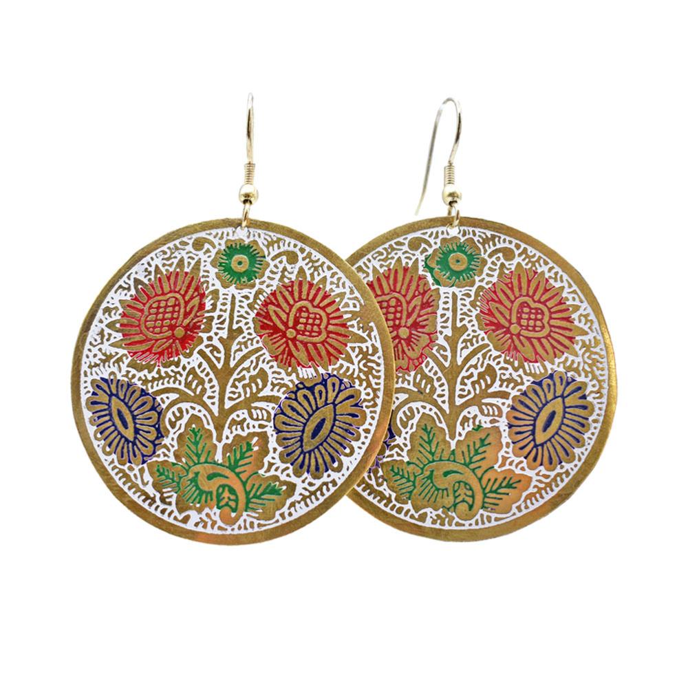 Multi Colour Floral Round Brass Earrings - TARE2412 - Uneeka