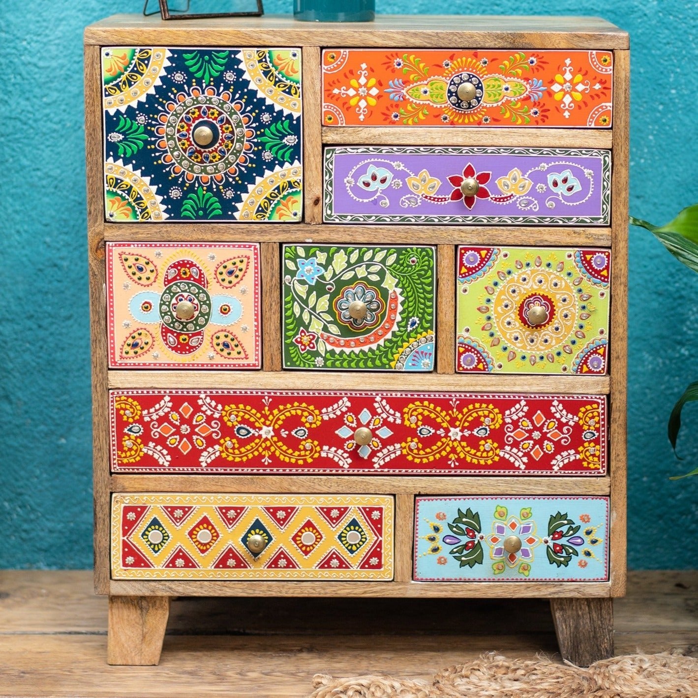 Multi Colour Hand Painted 9 Drawer Chest - STC635 - Uneeka