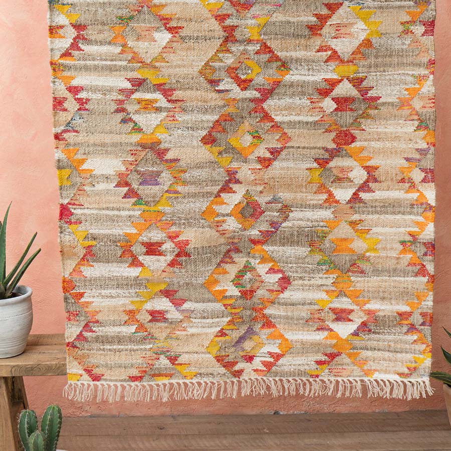 Multi Colour Large Diamond Cotton & Hemp Kilim Rug - R17546 - Uneeka