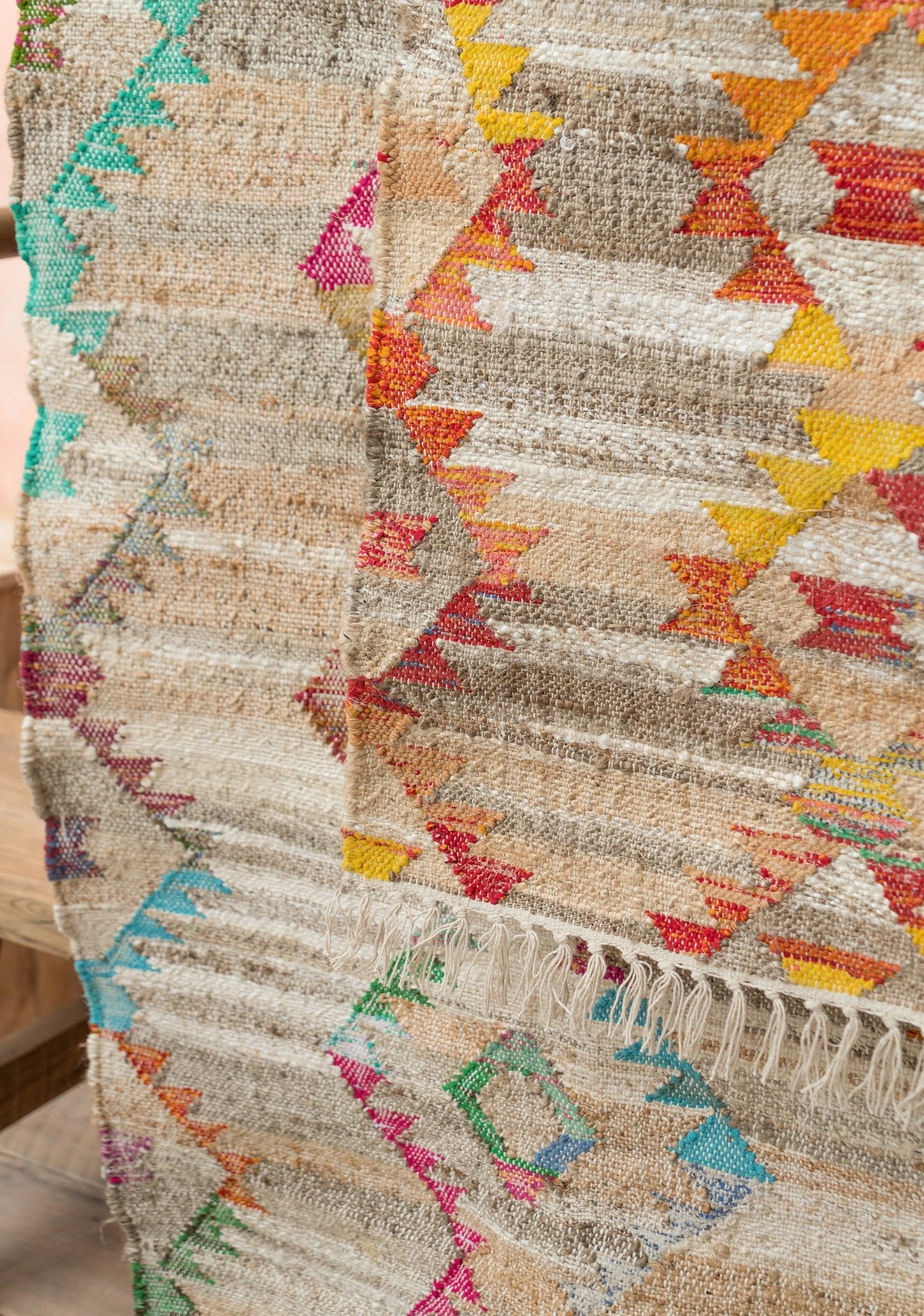 Multi Colour Large Diamond Cotton & Hemp Kilim Rug - R17546 - Uneeka